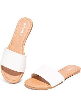 Women's White Fashion Round Toe Classic Single Strap Slip On Slide Sandal Shoes